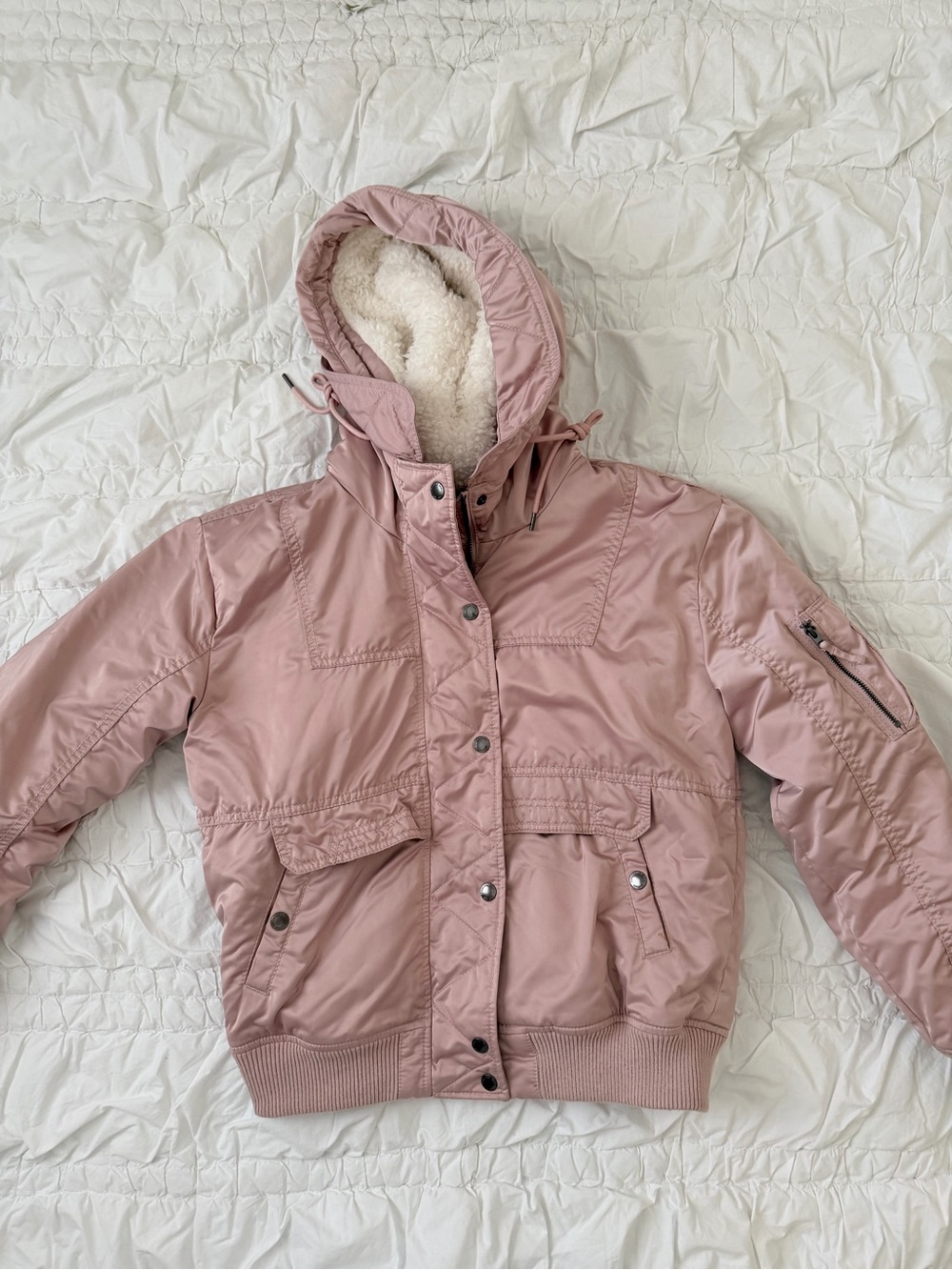 American Eagle Pink Satin Bomber Puffer Jacket with Sherpa Lining M